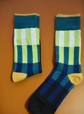 YaG25春夏新 某jiao绿色彩色条纹撞色无骨缝纯棉女袜中筒袜