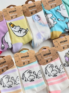 YaG25春夏新出口外单日系百搭姆明亚美卡通纯棉毛巾底女中筒袜