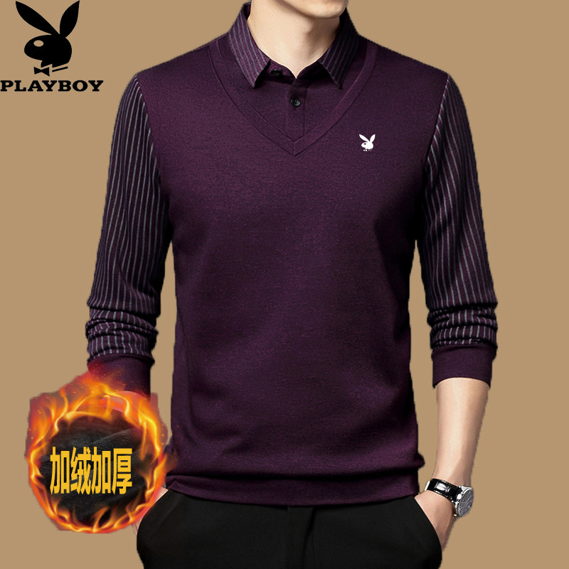 花花公子衬衫领假两件毛衣男冬季加绒加厚中年爸爸保暖针织打底衫