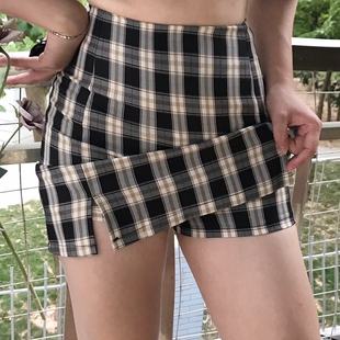 欧美复古格纹防走光修身 显瘦性感开叉包臀裙半身裙打底裙Q940
