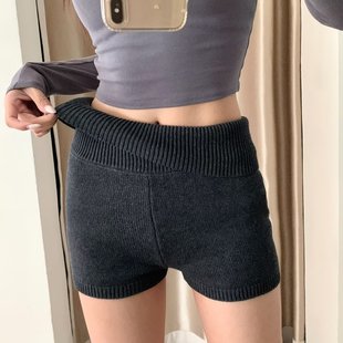 欧美辣妹风翻腰针织短裤 潮 女设计感高腰显腿长外穿紧身包臀热裤