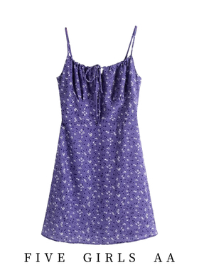 法式小众茶歇裙设计感小众薰衣草紫色吊带显瘦碎花桔梗连衣裙夏季