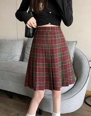 格子毛呢半身裙大码学院风中裙