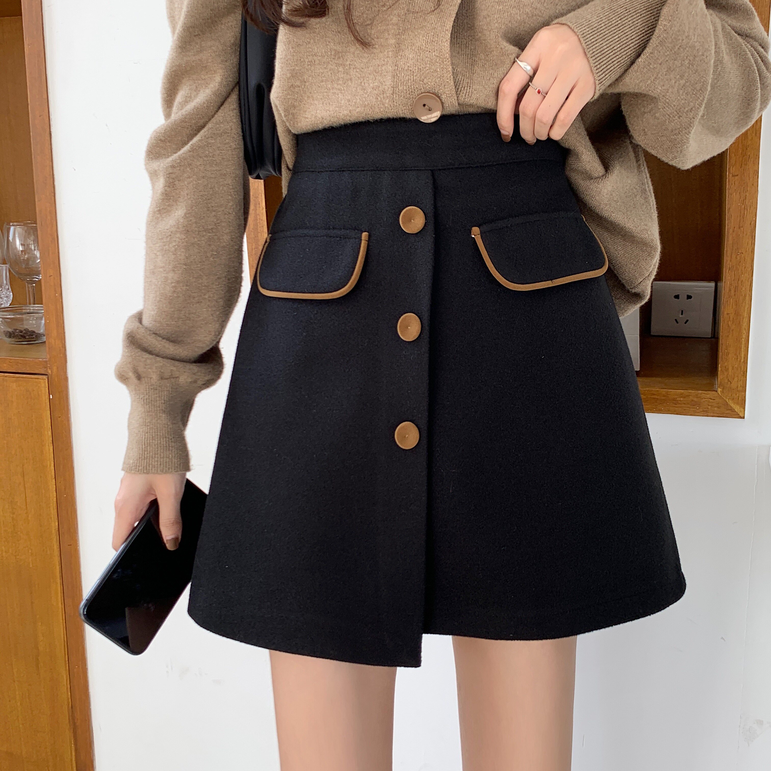 韩系复古毛呢半身裙高腰半身裙大码胖MM秋冬包臀撞色a字格子短裙