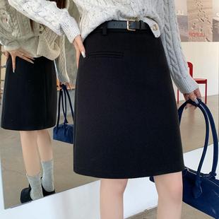 大码毛呢a字半身裙女秋冬新款胖mm小个子高腰显瘦包臀裙中裙子