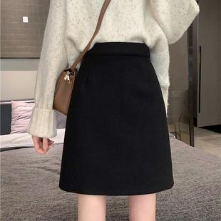 黑色半身裙女大码高腰中长裙遮胯显瘦毛呢一步包臀裙秋冬a字短裙