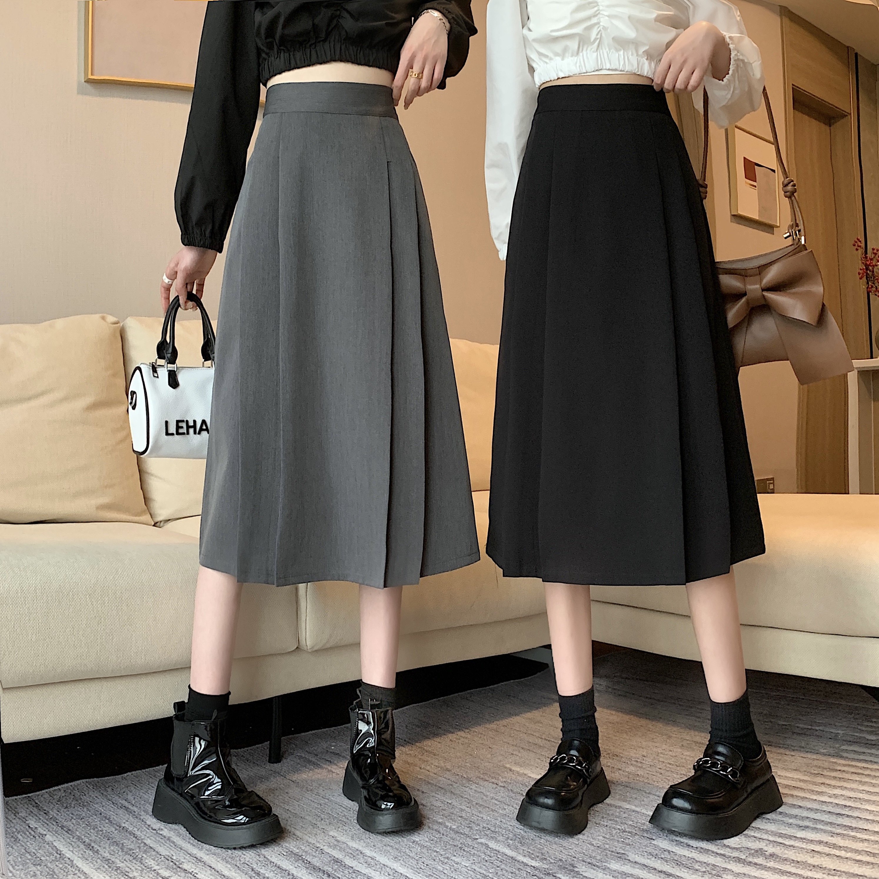 百褶半身裙女大码半裙学院风a字裙配衬衫减龄中长裙胖mm高腰半裙