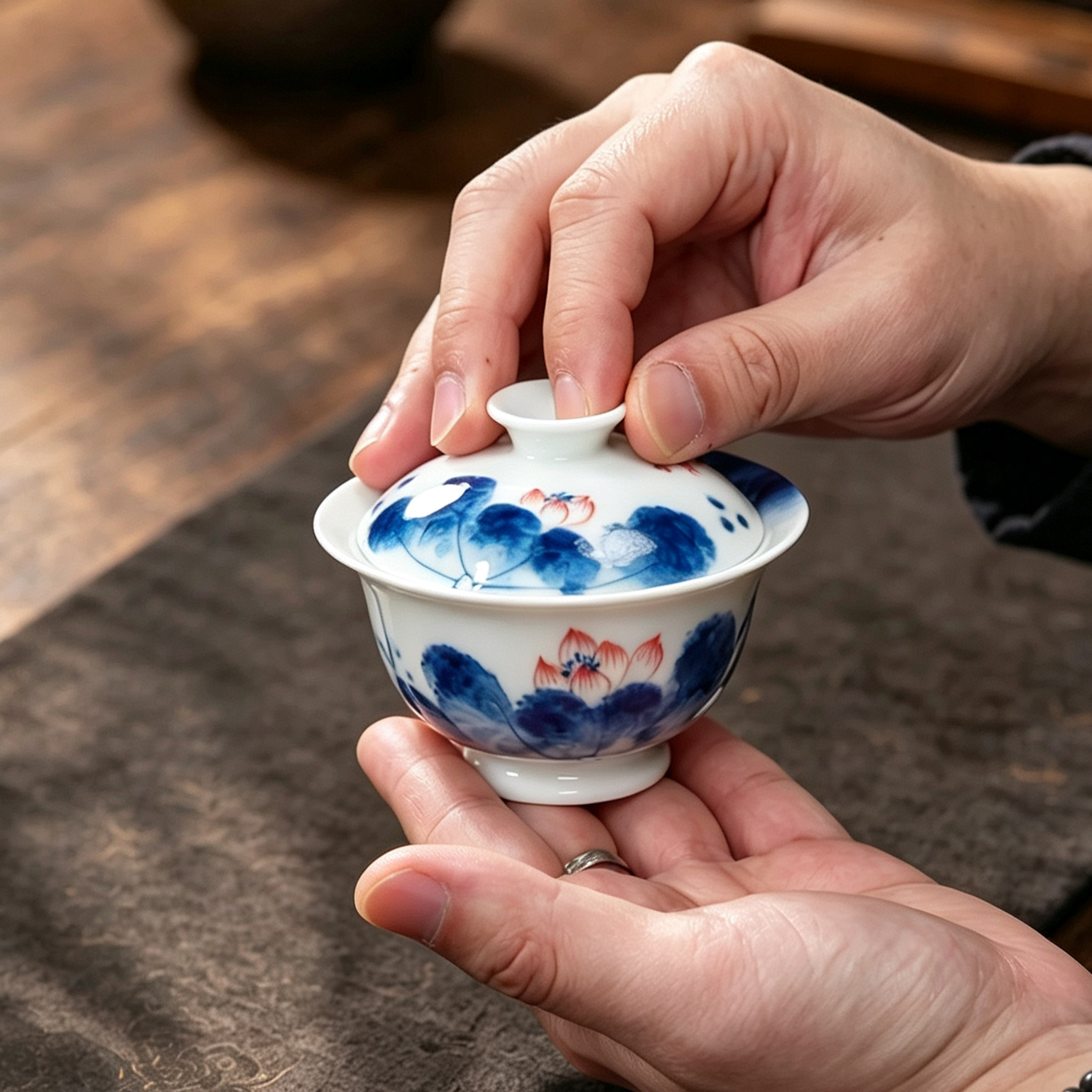手绘莲花盖碗陶瓷茶具中式功夫茶盖碗