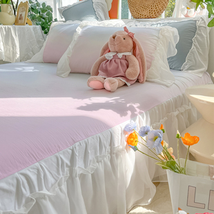 2025年春上新粉紫色单床裙三件套床罩枕套单件荷叶花边水洗棉白纱