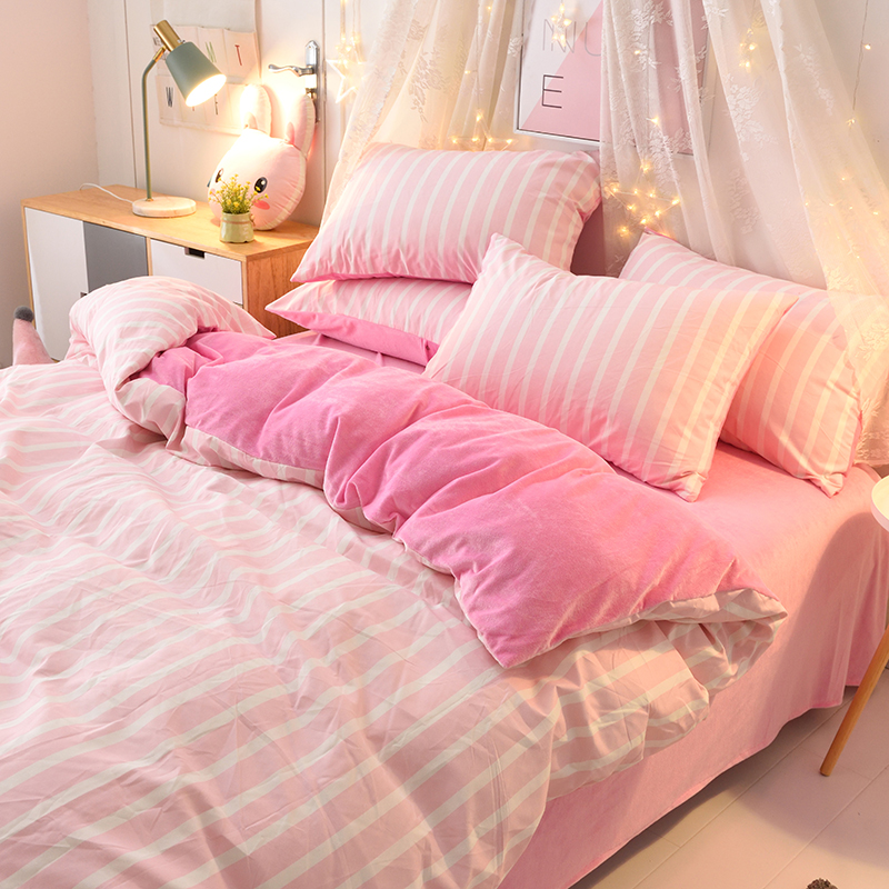 加厚磨毛法兰绒波点条纹四件套