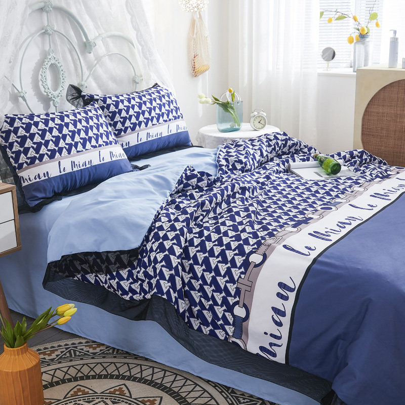 法式字母黑纱花边床单被套四件套床笠学生宿舍床上三件套床品ins