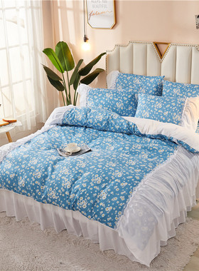 法式复古风蓝色小雏菊水洗棉蕾丝加宽花边被套单双人1.5/1.8m被罩