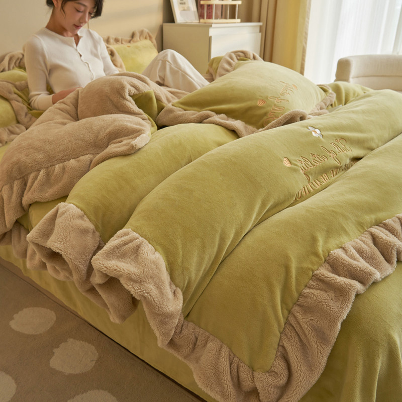 韩版荷叶花边绣花牛奶绒北极绒被套单件双面加厚保暖加绒被罩被单