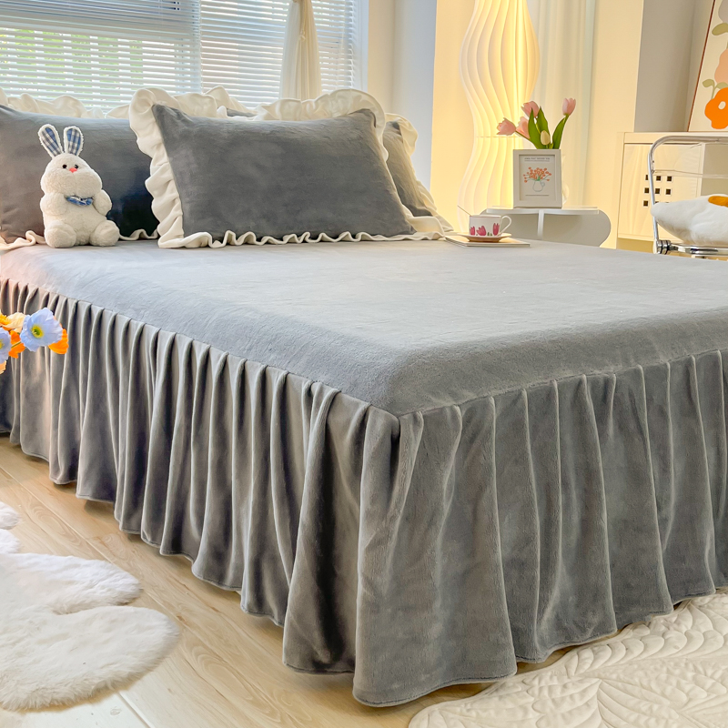 A类母婴冬季加厚保暖牛奶绒床裙床笠单件防滑固定席梦思床套罩子