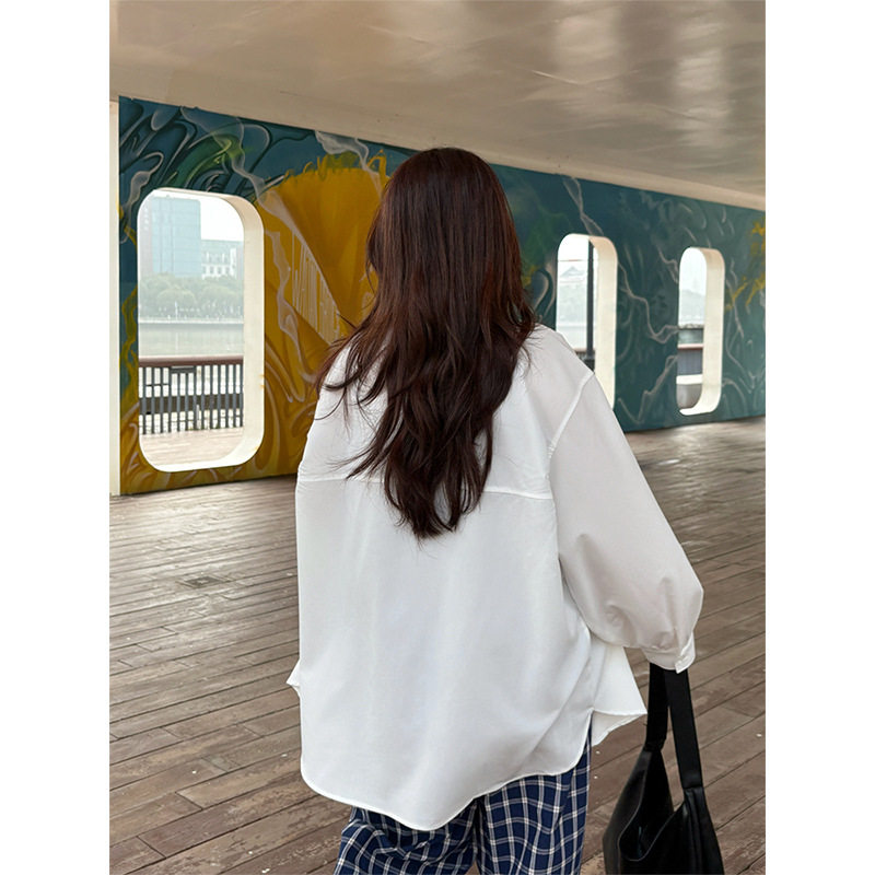 大码女装肤感设计感小众白色衬衫女百搭翻领开衫不规则设计感外套