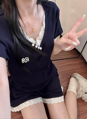 韩系少女蕾丝拼接短袖睡衣女2026夏季新款大码宽松短裤家居服套装