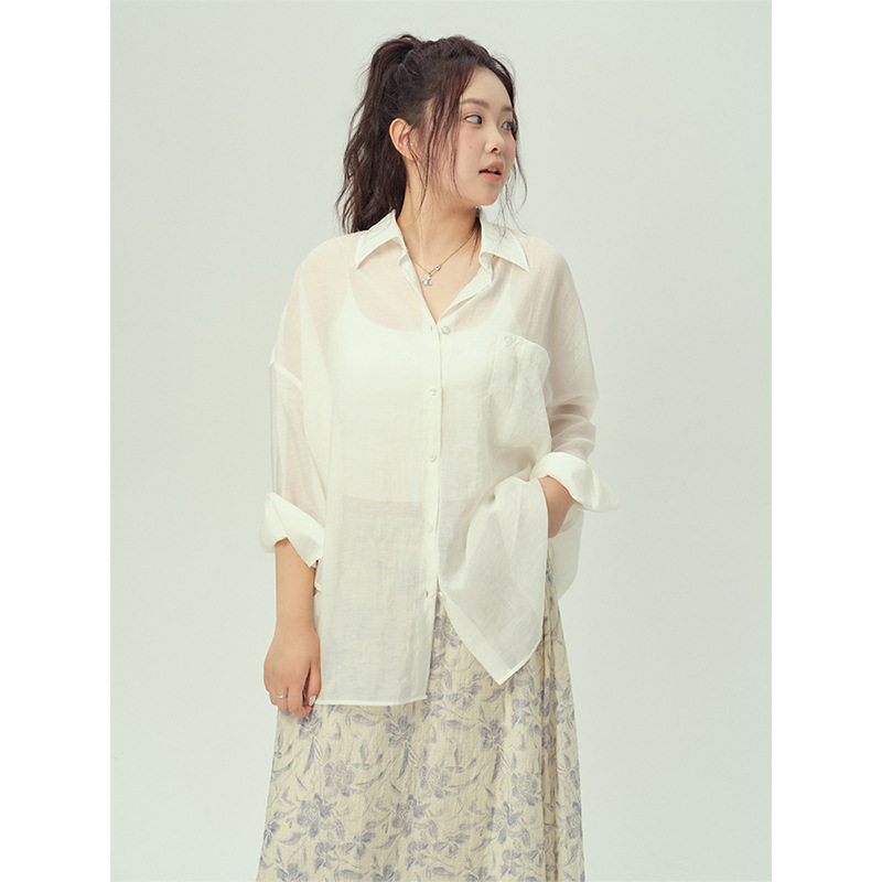 大码女装韩版宽松廓形薄款衬衫休闲长袖外套polo领设计感小众上衣