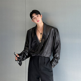 潮流皮衬衫男士长袖深V设计韩版休闲潮流INS纯色上衣P115，男装衬衫，星座1009（原B233）