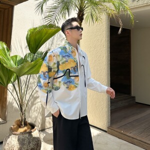 韩版油画白衬衫轻奢高级感法式上衣男P85,白毛衣黑短裙搭配什么外套图片