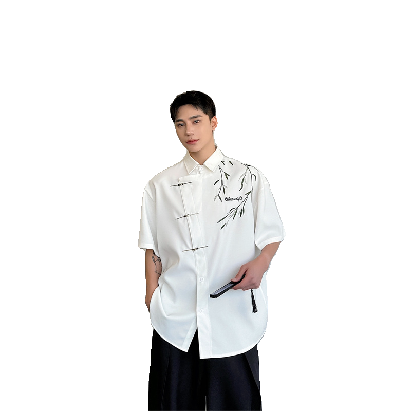 新中式斜门襟金属扣衬衫男风设计感上衣夏季半袖P90,男装T恤,星座1009（原B233）