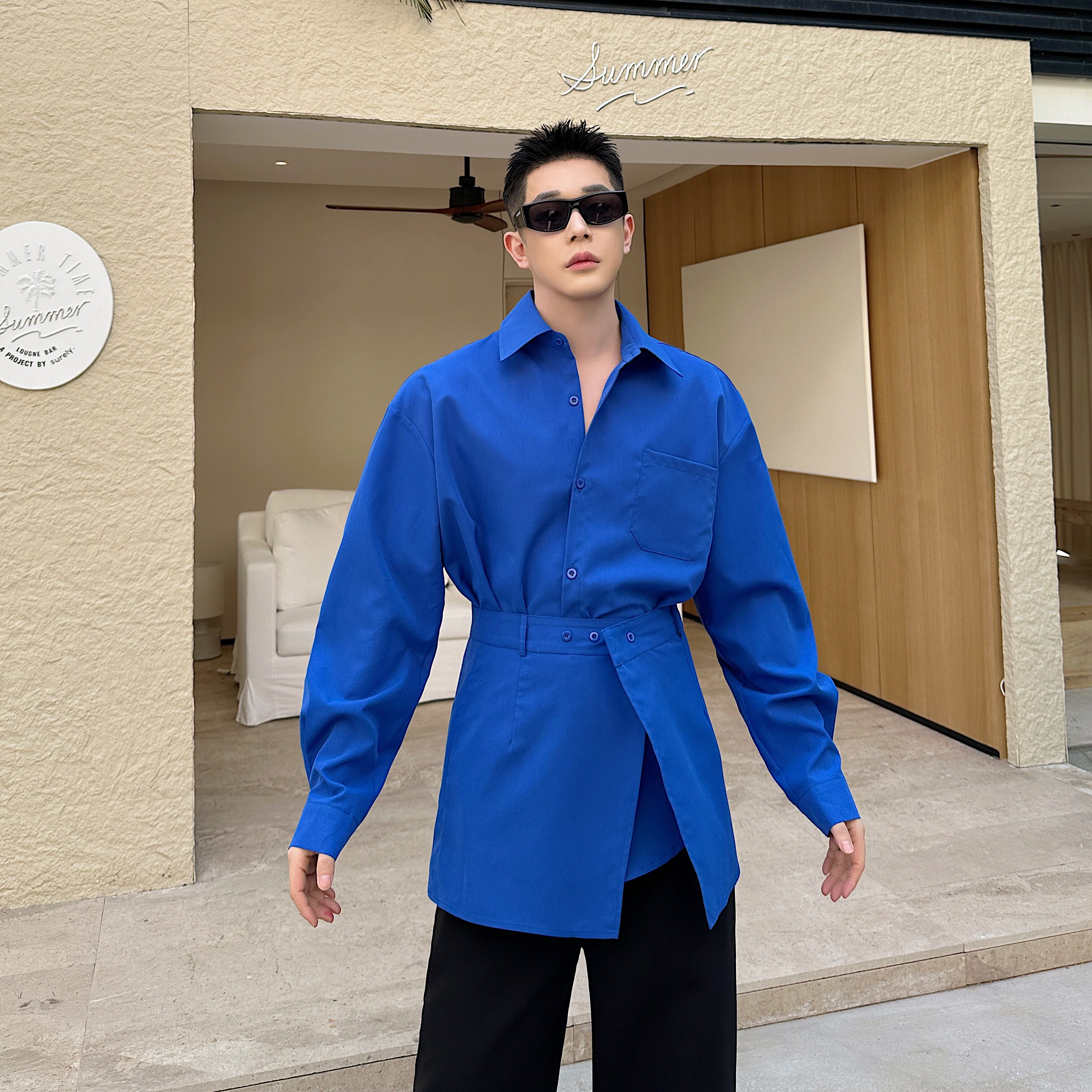 韩版时尚发型师真两件蓝色衬衫上衣P85,男装衬衫,星座1009（原B233）