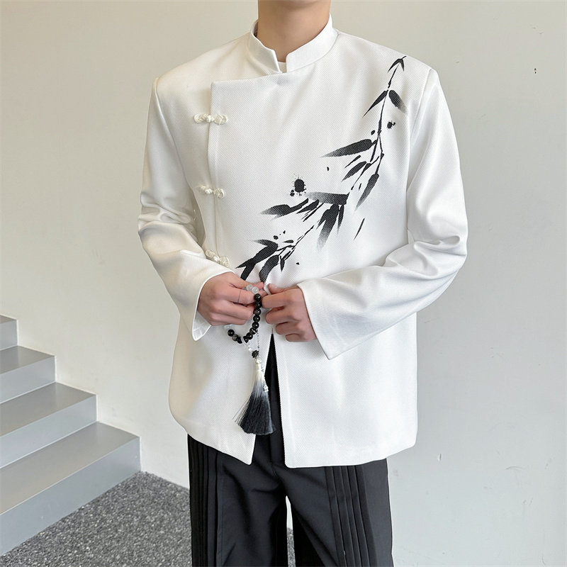 风新中式订婚舞台服水墨竹子印花斜门襟盘扣中山装外套男P135,男装民族服装,星座1009（原B233）