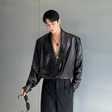 潮流皮衬衫男士长袖深V设计韩版休闲潮流INS纯色上衣P115，男装衬衫，星座1009（原B233）