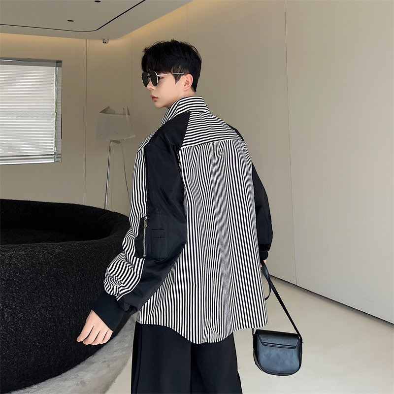 韩版男装小众ins拼接袖衬衫男韩版宽松条纹设计感百搭衬衣P85,男装衬衫,星座1009（原B233）
