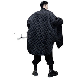 山本小众暗黑衬衫棉衣男黑色菱格棉服中长款棉衣外套男P115图片