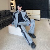 韩版小众设计立领华夫格撞色条纹休闲套装男运动痞帅两件套P215，男装休闲套装，星座1009（原B233）