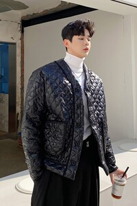 超火网红同款韩版潮流菱形格V领薄棉衣时尚外套亮面棉服潮牌P115图片