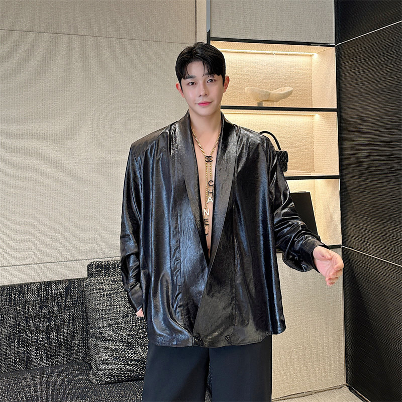 潮流皮衬衫男士长袖深V设计韩版休闲潮流INS纯色上衣P115,男装衬衫,星座1009（原B233）