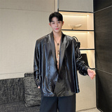 潮流皮衬衫男士长袖深V设计韩版休闲潮流INS纯色上衣P115，男装衬衫，星座1009（原B233）