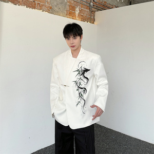 明星同款新中式风潮水墨风印花立领休闲西服男P140图片