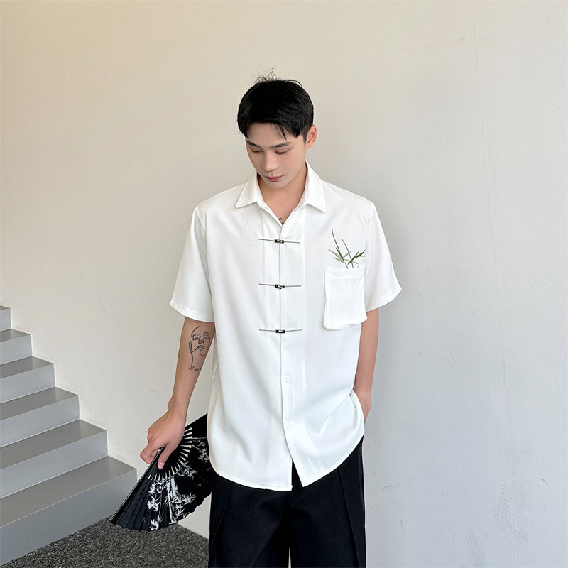 新中式绣竹短袖衬衫男P85,男装T恤,星座1009（原B233）