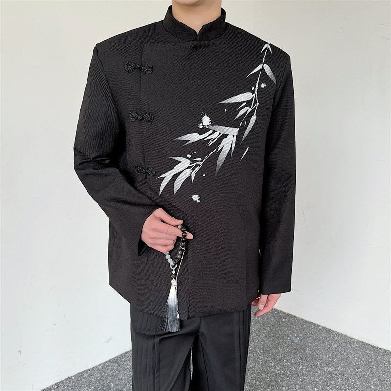 风新中式订婚舞台服水墨竹子印花斜门襟盘扣中山装外套男P135,男装民族服装,星座1009（原B233）