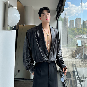 潮流皮衬衫男士长袖深V设计韩版休闲潮流INS纯色上衣P115图片