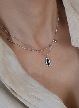 小众高级Vintage复古法式椭圆黑色项链锁骨链不掉色配饰礼物