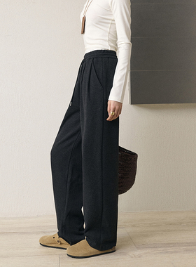 GUS冬加厚毛呢休闲西裤女长裤阔腿裤松紧腰醋酸羊毛梨型身材显瘦