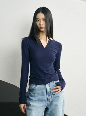 GUS24新款春秋天丝羊毛弹力修身V领打底衫长袖t恤女 显瘦舒适上衣