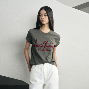 字母打底上衣正肩 新款 精致植绒印花短袖 T恤全棉遮肉2025夏季
