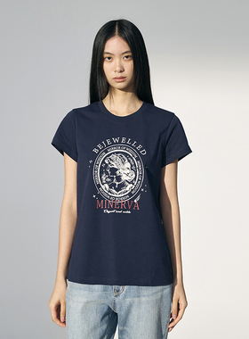 GUS 智慧女神圆领正肩印花T恤女短袖 100新疆棉上衣精致感老钱风