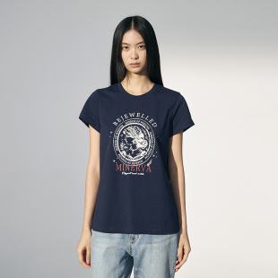 GUS 100新疆棉上衣精致感老钱风 智慧女神圆领正肩印花T恤女短袖