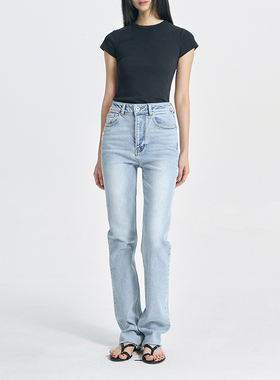 GUS进口土耳其牛仔面料 高腰窄版直筒牛仔裤女 铅笔裤弹力 浅蓝色