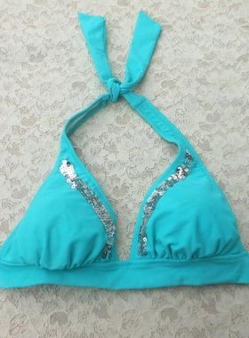 F261外贸原单高品质时尚蓝绿色亮片款三角杯小胸聚拢款比基尼上衣