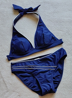 F583外贸原单高品质时尚深蓝色三角杯小胸聚拢款比基尼泳装