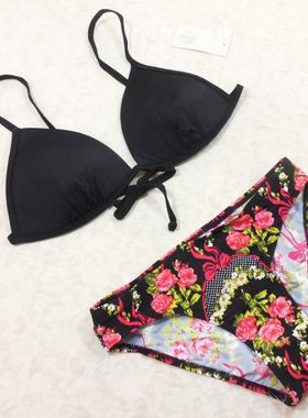 F119欧美时尚黑色两件套性感系带三点式小胸聚拢比基尼温泉泳衣女