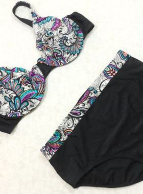 F264外贸原单高品质时尚黑色印花钢圈聚拢款大尺码比基尼泳装