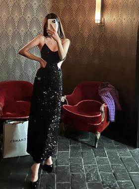 La Blanche 曼哈顿之夜黑色亮片吊带修身长裙轻奢高级感礼服女