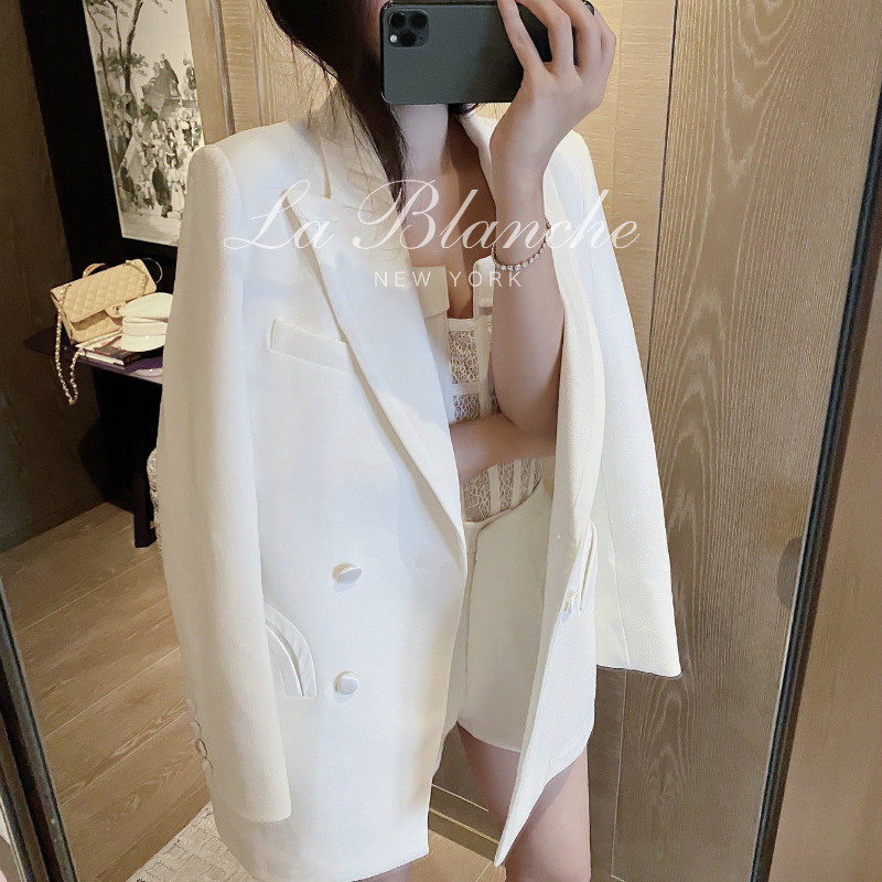 网红秋季新款小西装外套女士西服韩版气质厚款英伦白色轻奢中长款